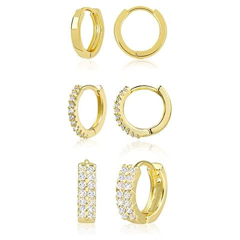 Gold Hoop Earrings,14K Real Goldplated Hoops with AAA Diamond Zirconia For for Women Girls, Sterling Silver 925 Small Huggie Hoop Earrings Multipack Set, 3 Pairs Hypoallergenic Cartilage Hoops Cover