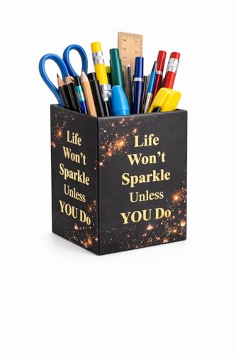 Image of Sumiko motivational Pen Stand holder Size: 4 x 2.75 inch | Desk Organizer Pen Pencil Holder for Office and Home Decor (Black Sparkle)