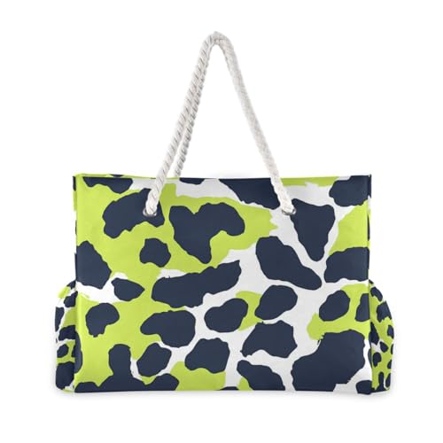 Leopard Print Lime Green and Navy Blue Personal Item Bag Waterproof Sandproof with side pockets Large Duffel Bag Sports Tote for Weekend Travel2