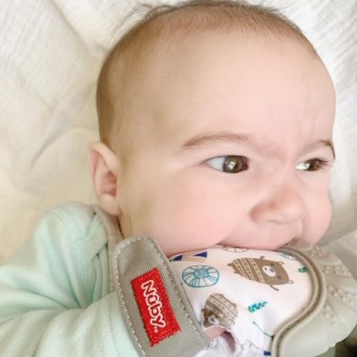 Nuby Beruhigender Fäustling zum Zahnen mit hygienischer Reisetasche, Grau