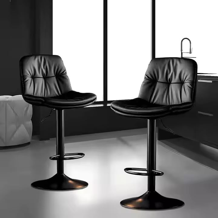 Image of Creative Black Adjustable Bar Stool Chair | PU Leather Cushion Seat with Backrest | Hydraulic Gas Lift | Metal Base with Footrest | Kitchen Counter, Bar, Cafe, Home Furniture | Pack of 1