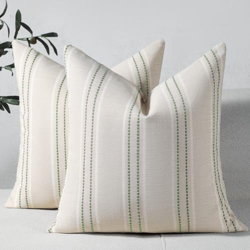 Image of Hckot Spring Throw Pillow Covers 24x24 Set of 2 Striped Pillow Covers Textured Linen Decorative Pillows Square Cushion Covers for Sofa Couch Bed Living Room Farmhouse Decor, Sage Green