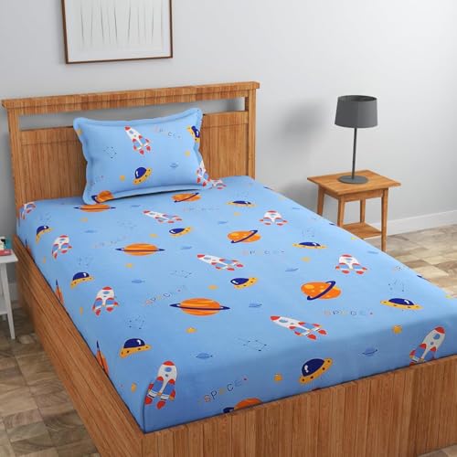 Image of RD FABS Glace Cotton Wrinkle Free Soft Hypoallergenic Single Bed Sheet with 1 Pillow Cover | Cartoon Printed Astronaut Design for Boys & Girls Room | 60x90 Inches | Blue | 144 TC
