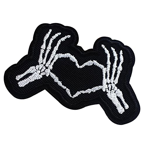 Patchkingdom Skeleton Hand Heart Embroidered Iron On Sew On Patch Funny Punk Biker Emblem Gothic Armband Badge For Shirts Backpack Applique Accessory (Black White), 5X8Cm/2X3Inch #TOP2