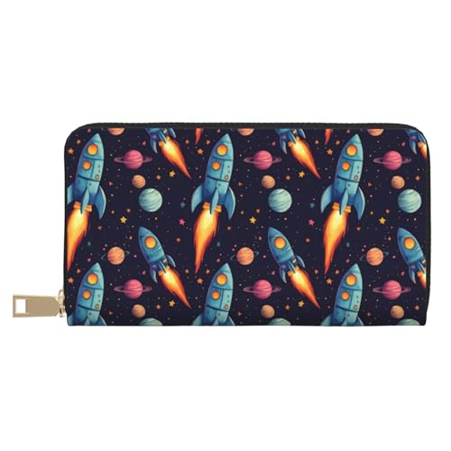 Leather Thin Slim Wallets for Women & Men - Cartoon Space Rocket Print Card Wallet Holder with Zipper