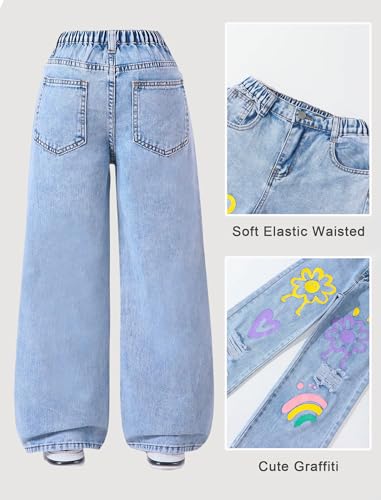 Girls Jeans Baggy Wide Leg Ripped Denim Pants Heart & Flower Print High Elastic Waisted Y2K Skater Outfits 8-12Y2