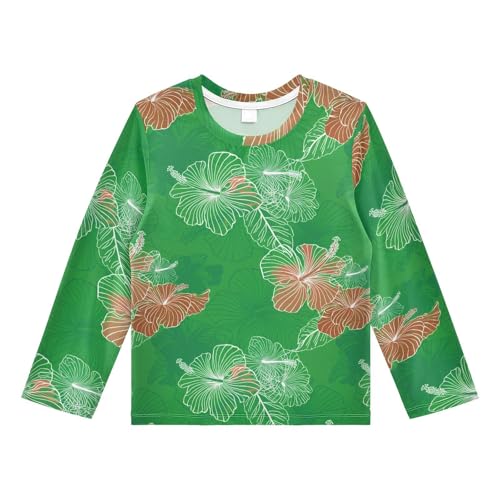 Hibiscus Flower Line Green Rash Guard Shirt for Boys Sun Protection Shirt for Beach Pool Sport UPF50+ 7-8T