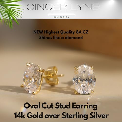 Faux Diamond Stud Earrings For Women 10mm Oval Cut 14k Gold Plated Sterling Silver 5ct Cubic Zirconia Earring Studs for Her by Ginger Lyne Pierced Jewelry For Her2