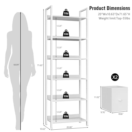 image for Furologee White 6 Tier Bookshelf with Drawers, Tall 71
