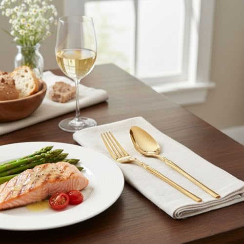 Image of 10 Pcs Gold Cutlery Set for Dining Table the Perfect Lightweight Silim Handle Tableware Including Dinner Spoon, Dinner Fork, Dinner Knife, Dessert Spoon & Dessert Fork
