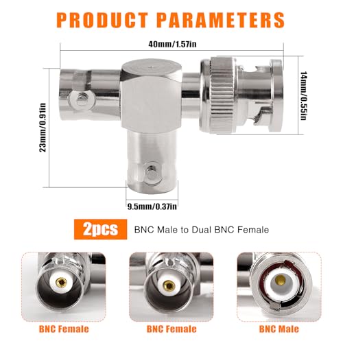 KUOQIY 2 PCS Copper 3-Way BNC Male to Dual Female Adapter, T-Type BNC RF Coaxial Connector for Coaxial Cable, CCTV, Antenna