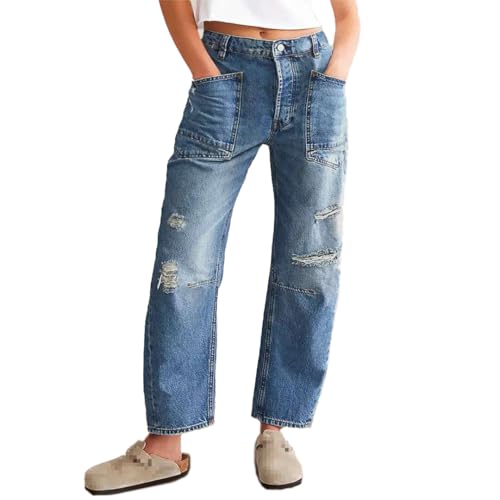 Women Ripped Barrel Jeans Wide Leg Mid Rise Boyfriend Ankle Denim Pants Distressed Baggy Jeans