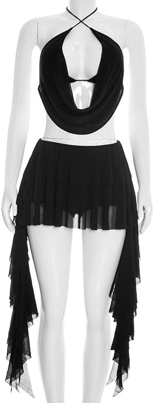 Women's 2 Piece Outfits Halter Draped Cowl Deep V Neck Tops Pleated Layed Ruffled Fringe Skirt Sets Party Going Out Outfit