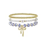 FAFUBOTIF Elegant Pearl and 14K Gold Bead Bracelet Set, White and Blue Floral Ceramic Beaded Stretch Bracelets for Women, Gold Bow Charm, Fashion Jewelry, 3 Piece Set-blue03