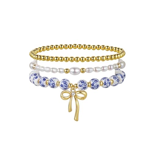 FAFUBOTIF Elegant Pearl and 14K Gold Bead Bracelet Set, White and Blue Floral Ceramic Beaded Stretch Bracelets for Women, Gold Bow Charm, Fashion Jewelry, 3 Piece Set-blue03
