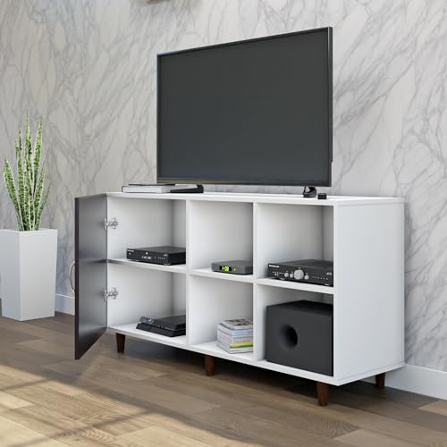 Image of VIKI Modern TV Unit for Living Room | Engineered Wood TV Cabinet with 1 Door Storage & 2 Open Shelves, Entertainment Unit, 140W x 74H x 40D cm | DIY | 1 Year Warranty (White & Wenge)