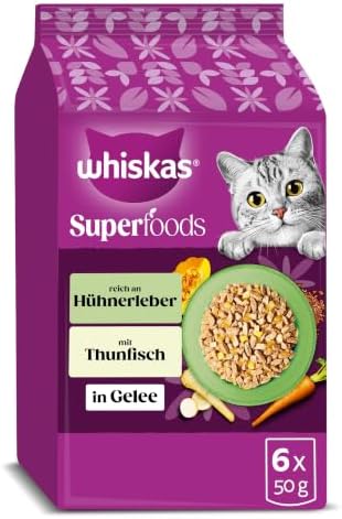 WHISKAS 1+ SUPERFOODS FEINE VIELFALT Nassfutter in Gelee 6 x 6 x 50 g (Packung mit 36 Beuteln)