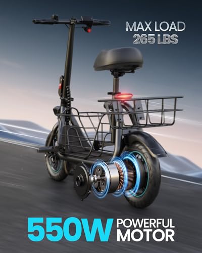 Gyroor Adults Electric Scooter with Large Middle Basket, 550W Motor 18.6 MPH 20 Mile Distance, Foldable E-Scooter with seat for Pets & Cargo