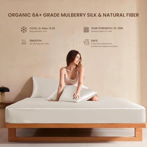 THXSILK Luxury Mulberry Silk Bed Sheets Set - 4pcs Silk Sheets Set 16" Deep Pocket - 1 Fitted Sheet, 1 Flat Sheet, 2 Pillowcases with Zipper Closure - Queen, White - Image 7