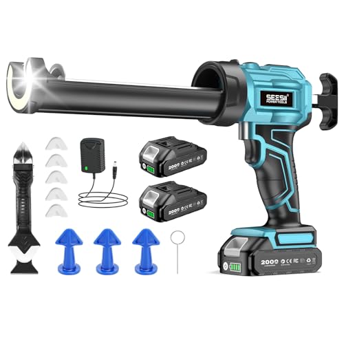 SEESII Silicone Sealant Gun with 2x2000mAh-Batteries 21V Electric Caulking Gun with LED Light 4 Adjustable Speeds Auto Retract for Filling and Sealing