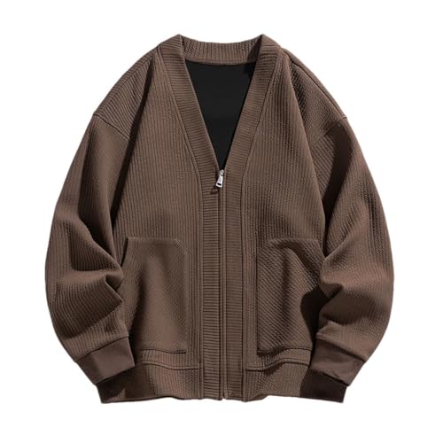 Solid Color Casual Vintage V-Neck Zipper Pocket Stitching Simple Loose Large Size Men's Knitted Cardigan