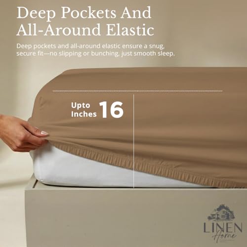 Image of Linen Home 2-Pack Queen Sheet Set, 100% Cotton Percale Bedding, 8-Piece Value Bundle, Deep Pocket Cooling Bed Sheets for Hot Sleepers, Breathable & Crisp Hotel Quality, Long-Staple Cotton Earthy Brown