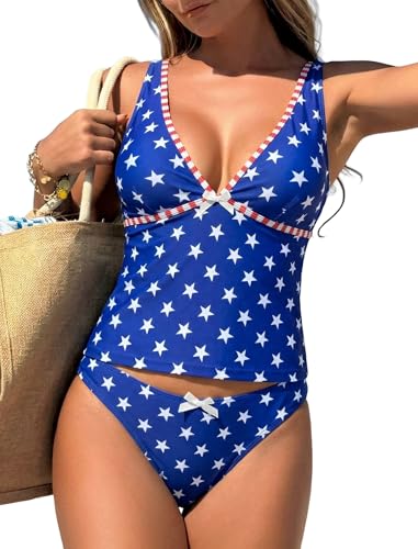 ZAFUL Womens Tankini Swimsuits V Neck Tummy Control Bow Color Block Two Piece Swimsuits Bathing Suit (5-B-Flag XL)