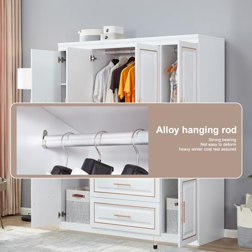 4-Door White Wardrobe Closet with 2 Drawers, Shelves, and Hanging Rod for High Storage Capacity