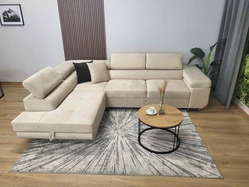 KMK GNYCH Ecksofa Aston mit Schlaffunktion und Bettkasten, Wohnzimmer, L-Form Sofa mit Bettkasten, in L-Form, Couch mit Schlaffunktion (Beige, Ottomane Links)
