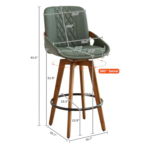 Image of Bar Height Bar Stools Set of 3, Mid Century Modern Retro Swivel Bar Chairs, Furniture with Curved Back, Faux Leather Upholstered and Walnut Wood Frame for Bar /Pub /Island (Green, 29.5 inch-3 PCS)