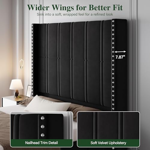 Uteeran King Size Bed Frame with 65.75" Tall Headboard, Luxury Velvet Upholstered Platform Bed with Storage Pockets, Wide Wingback Design, Noise-Free, Easy Assembly, No Box Spring Needed, Black - Image 4