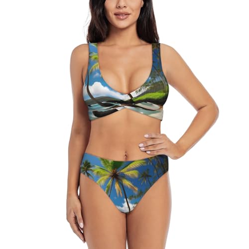 Maillot de bain 2 pièces imprimé palmier hawaïen et taille haute pour femme