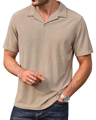 VOGSTART Mens Polo Shirts Wedding Chicago Polo Shirts Soft Comfort Polo Jacquard Short Sleeve Slim Fit Buttonless Casual Vacation Beach Stretchy Slimfit Slim-Fit Diagonal Old Money Khaki L