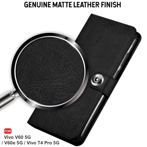 Image of TheGiftKart Genuine Leather Finish Flip Back Cover Case for Vivo V60 5G / V60e 5G / Vivo T4 Pro 5G | Inbuilt Pockets & Stand | Wallet Style | Designer Button Magnet Flip Cover (Faux Leather, Black)