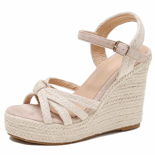 Wedge Sandals for Women with Woven Raffia Upper, High Heel Espadrille Platform Sandals with Braided Knot Ankle Strap Sandals