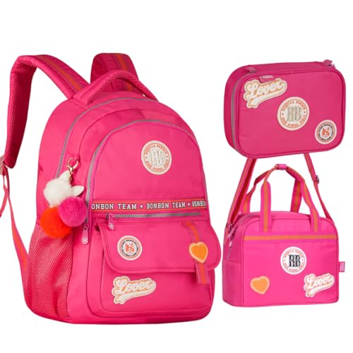 Kit Juvenil Escolar Mochila De Costas Lancheira Térmica e Estojo Box Para Até 100 Lápis Rebecca Bonbon (Rosa)