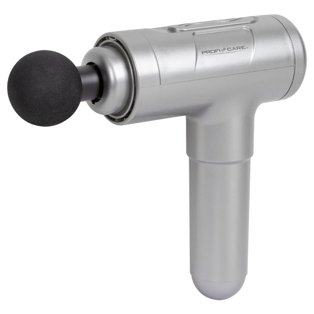ProfiCare® Pistolet do masażu, pistolet do masażu, 1900 – 2800 uderzeń/min, 3 poziomy intensywności, czas pracy baterii 4 godziny, 4 wymienne nasadki, 8 diod LED do informacji o stanie pracy | PC-MP