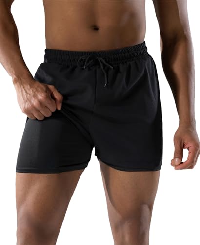 LYRIKER Badehose Herren 2 in 1 Badeshorts mit Kompression, Atmungsaktiv Schnelltrocknend Bademode Schwimmhose mit Tunnelzug Schwarz XL