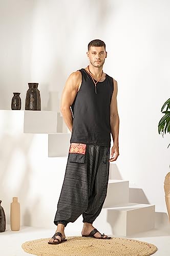 Image of The Veshti Company Cotton Baggy Pants Drop Crotch Harems for Men's Loose Boho Oversized Striped Meditation Yoga Pant with Pocket