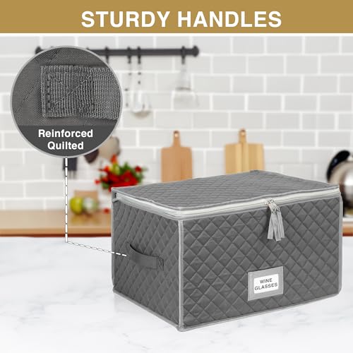 Stack Store Plus More Stemware Storage Case - Holds 12 Wine Glasses or Crystal Glassware with Label Holders and Fully Padded Inside - 16" x 13" x 10"H - Gray - Hard Sides and Stackable