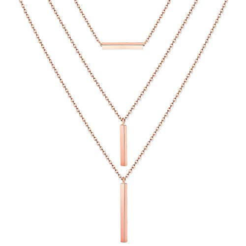 CEALXHENY 3PC Layered Bar Pendant Necklaces Boho Stick Bar Choker Necklace Minimalist Y Necklaces for Women Girls (C Rose Gold)