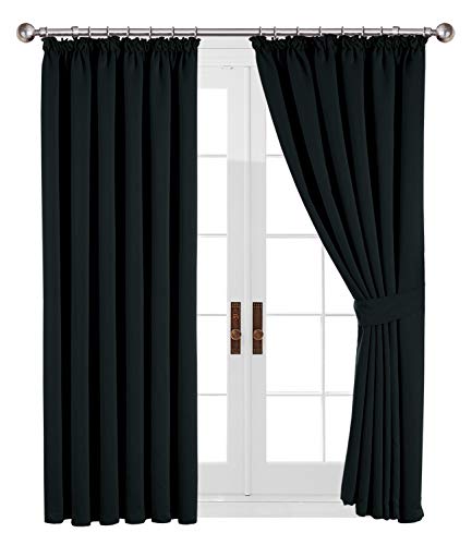 Yorkshire Bedding Thermal Blackout Pleated Black Curtains 66 x 72 Noise Reducing Tape Top Insulated Sunlight Blocker Bedroom Decor Curtain + 2 Tie Backs (167 x 183 cm)