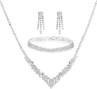 Ushiny Bridal Wedding Jewellery Set Sparkly Crystal Necklace Earring Bracelet Set Rhinestone Dangle Drop Earring Necklace Bracelet Jewellery Set for Women and Girls