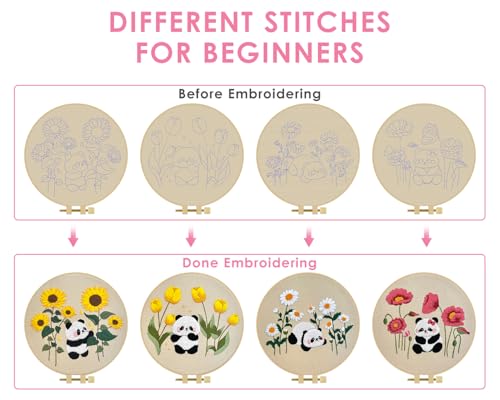 Image of TINDTOP Embroidery Kit for Adult, Panda Embroidery Practice Kits | 4 Sets for Beginners Include Embroidery Cloth Hoops Threads for Craft Lover Hand Stitch with Embroidery Skill Techniques