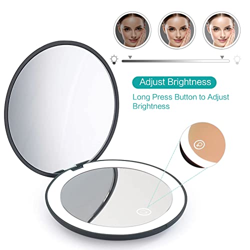 Wobsion Rechargeable Compact Mirror,1X/10X Magnification Compact Mirror With Light,Dimmable Led Travel Makeup Mirror,Portable Mirror For Handbag,Purse,Handheld 2-Sided Mirror,Gifts For Girls,Black #TOP2
