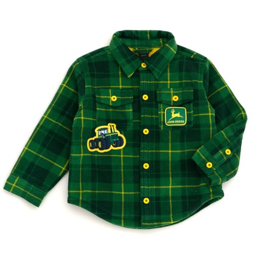 John Deere Tractor Plaid Flannel Shacket with Fleece Lining Toddler to Little Kid Sizes (3T - 7-8)