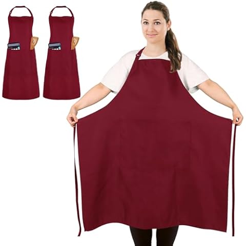 FunChaos 2 Pcs Plus Size Chef Apron, Deep Red Apron, Unisex Apron with 2 Pockets for Cooking, Grilling, BBQ, Work, Professional Apron for Waiter Artist Hairdresser (Large Size) Cover