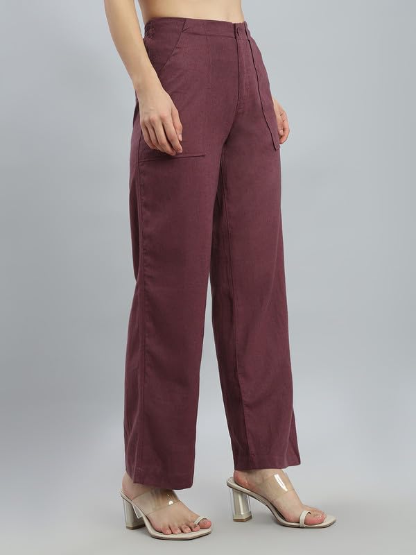 Image of GO COLORS Solid Linen Cargo Pants for Women | Full Length, Mid Rise, Side Pockets