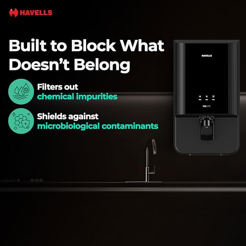 Image of Havells FAB Lite Water Purifier, UV + UF Purification, Vital Magnesium Enriched, 4-stages, 7L Storage, Ideal for Borewell, Tanker & Municipal Water, Significant water savings, BIS Approved, Black