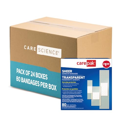 Care Science CarePak Sheer Adhesive Bandages, 80ct Assorted Sizes (Pack of 24) | Comfortable Non-Stick Pad Cushion, Helps Prevent Infection, First Aid & Wound Care Protection for All Skin Types